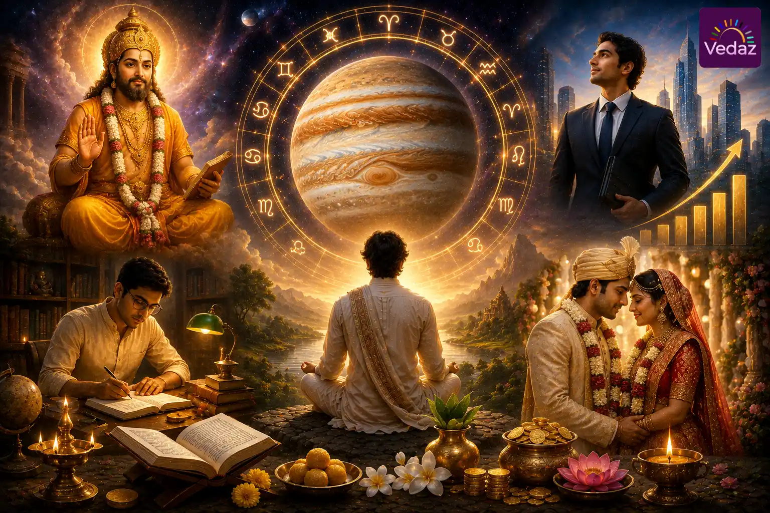 Jupiter beneath zodiac wheel with career and wedding symbolism