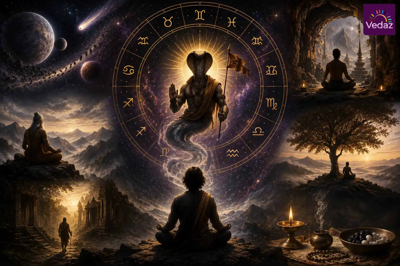 Ketu beneath zodiac wheel with meditation and spiritual symbolism