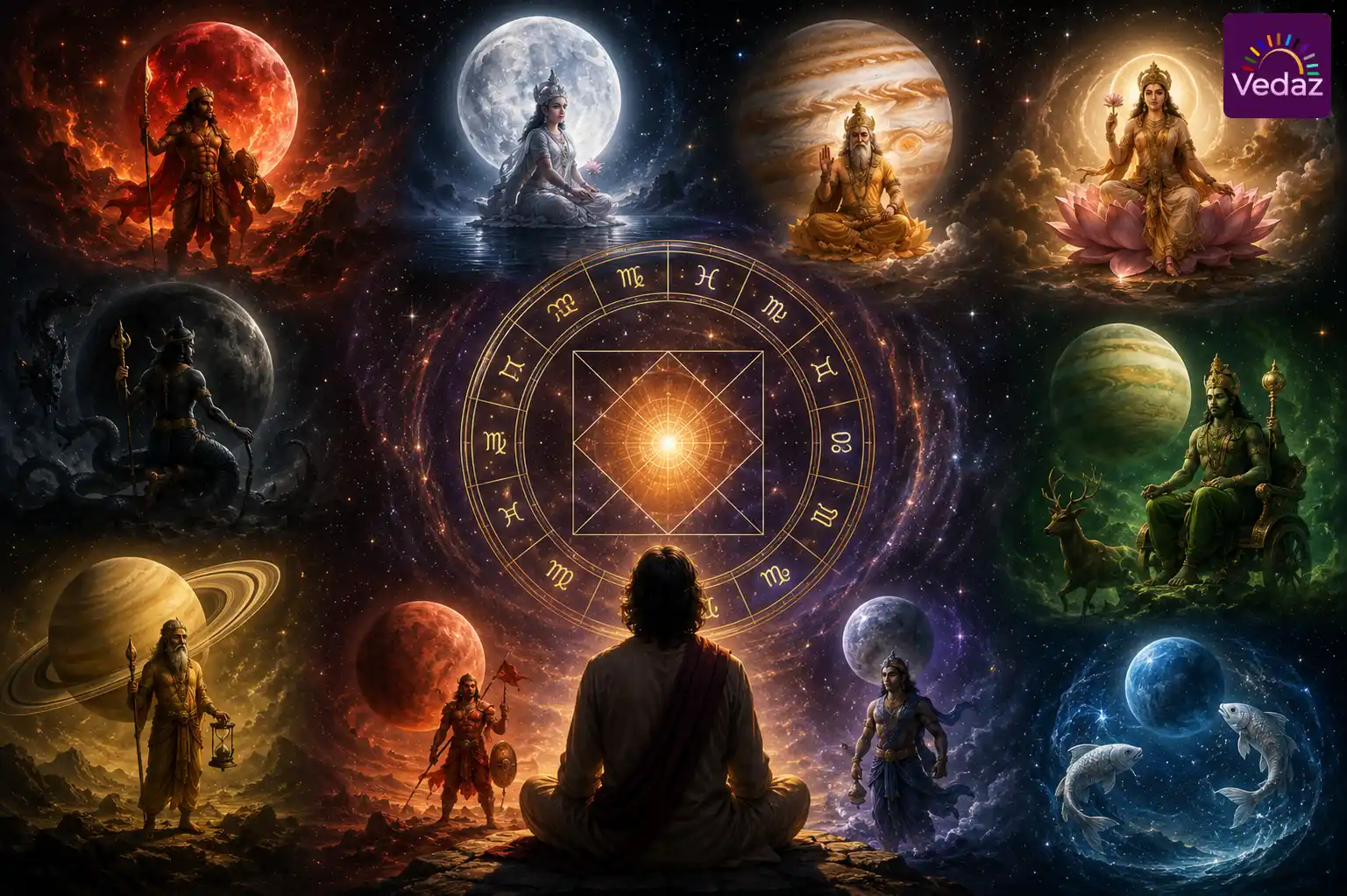 Meditating figure beneath cosmic birth chart and nine planets