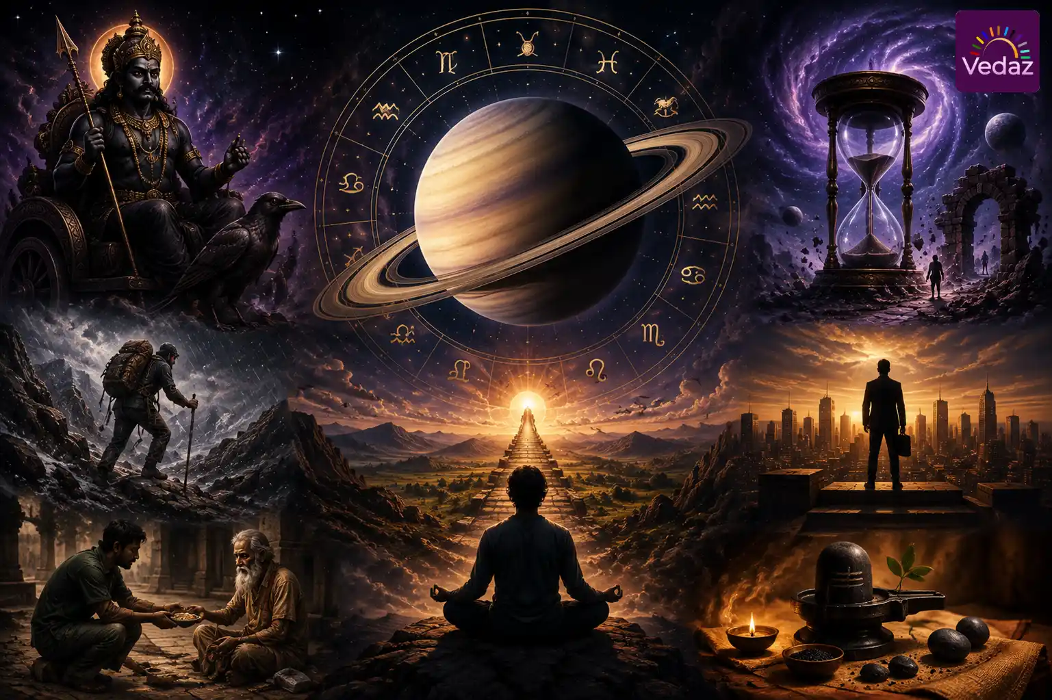 Saturn beneath zodiac wheel with discipline, time and spiritual symbolism