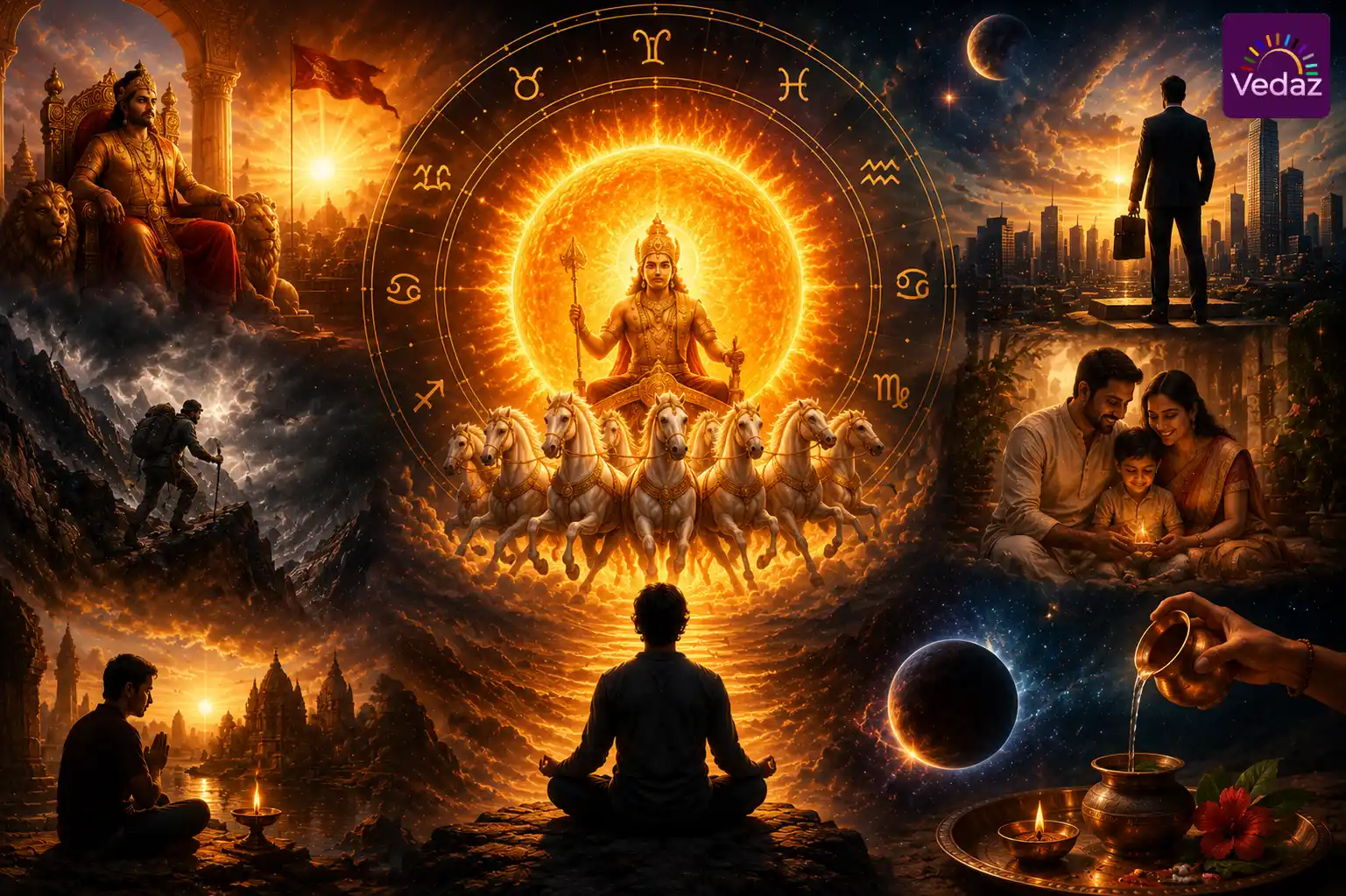 Sun deity beneath zodiac wheel with leadership and spiritual symbolism