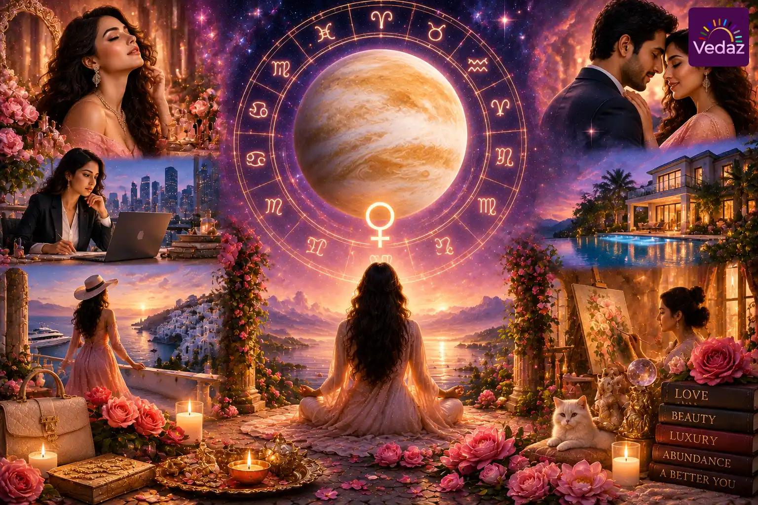 Venus beneath zodiac wheel with romance, beauty and luxury