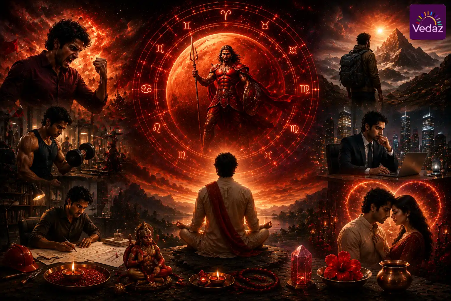 Mars Mahadasha warrior beneath fiery zodiac and cosmic energy