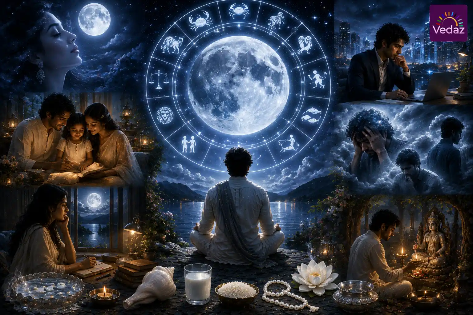 Meditating figure beneath glowing Moon and zodiac wheel