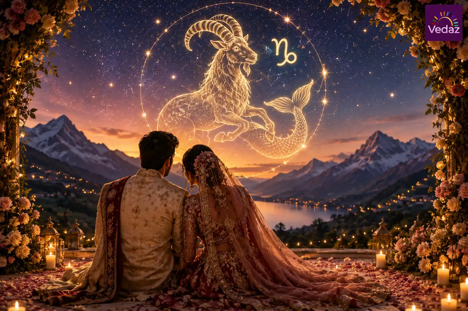 Wedding couple beneath glowing Capricorn goat-fish constellation