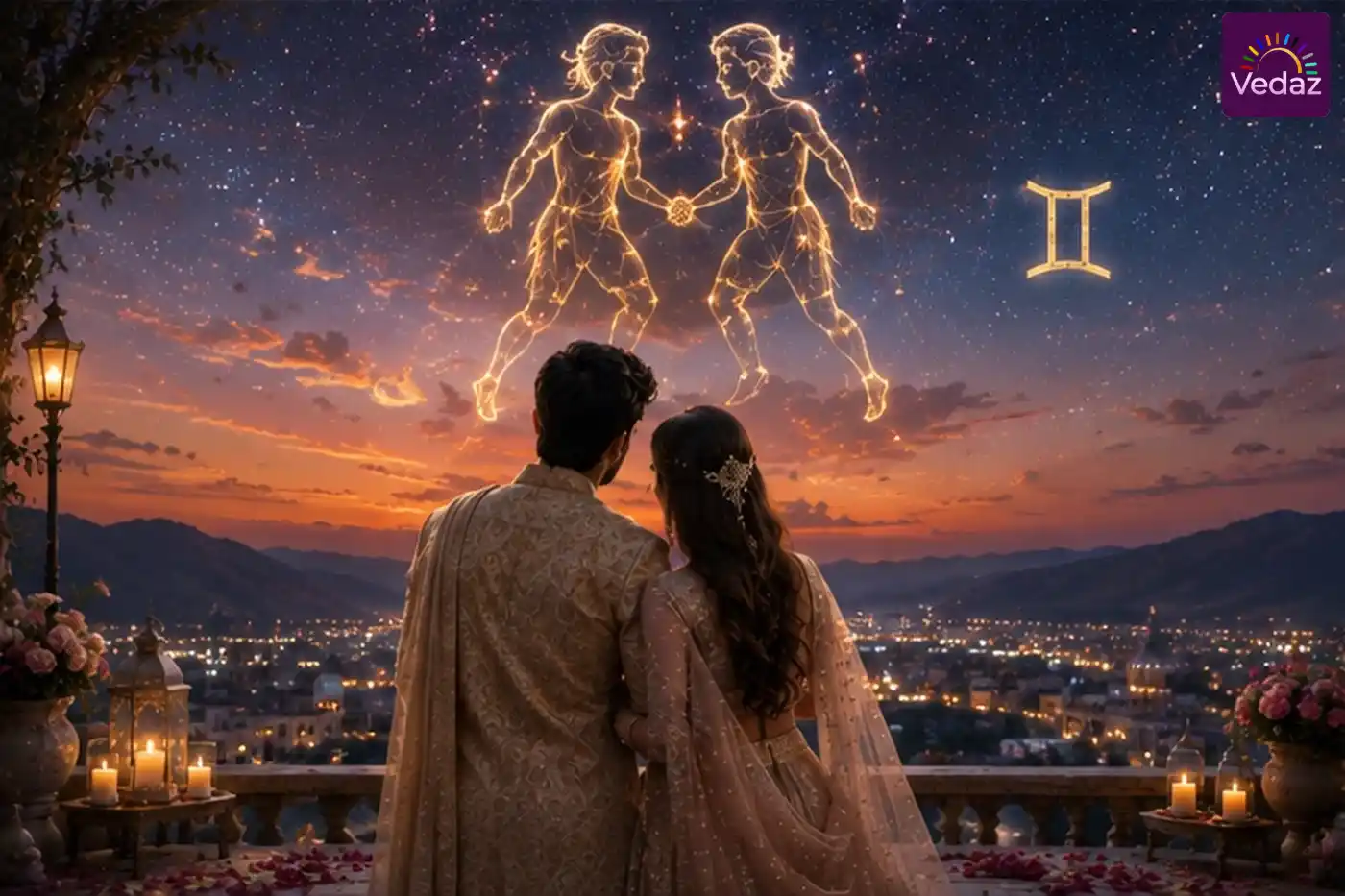 Couple beneath glowing Gemini twins in starry sky