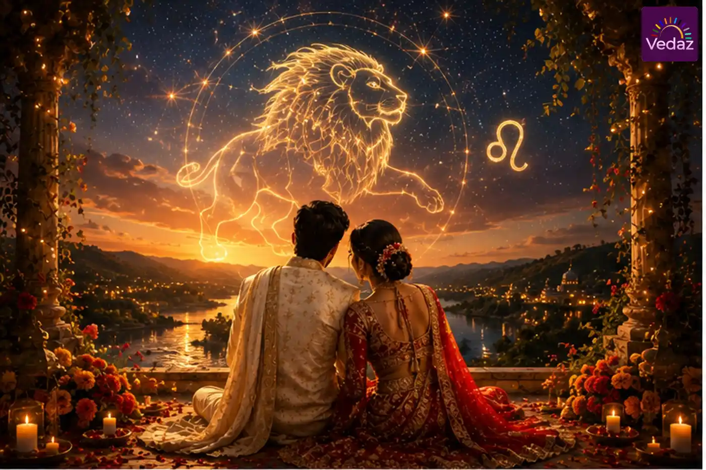 Couple beneath glowing Leo lion at sunset