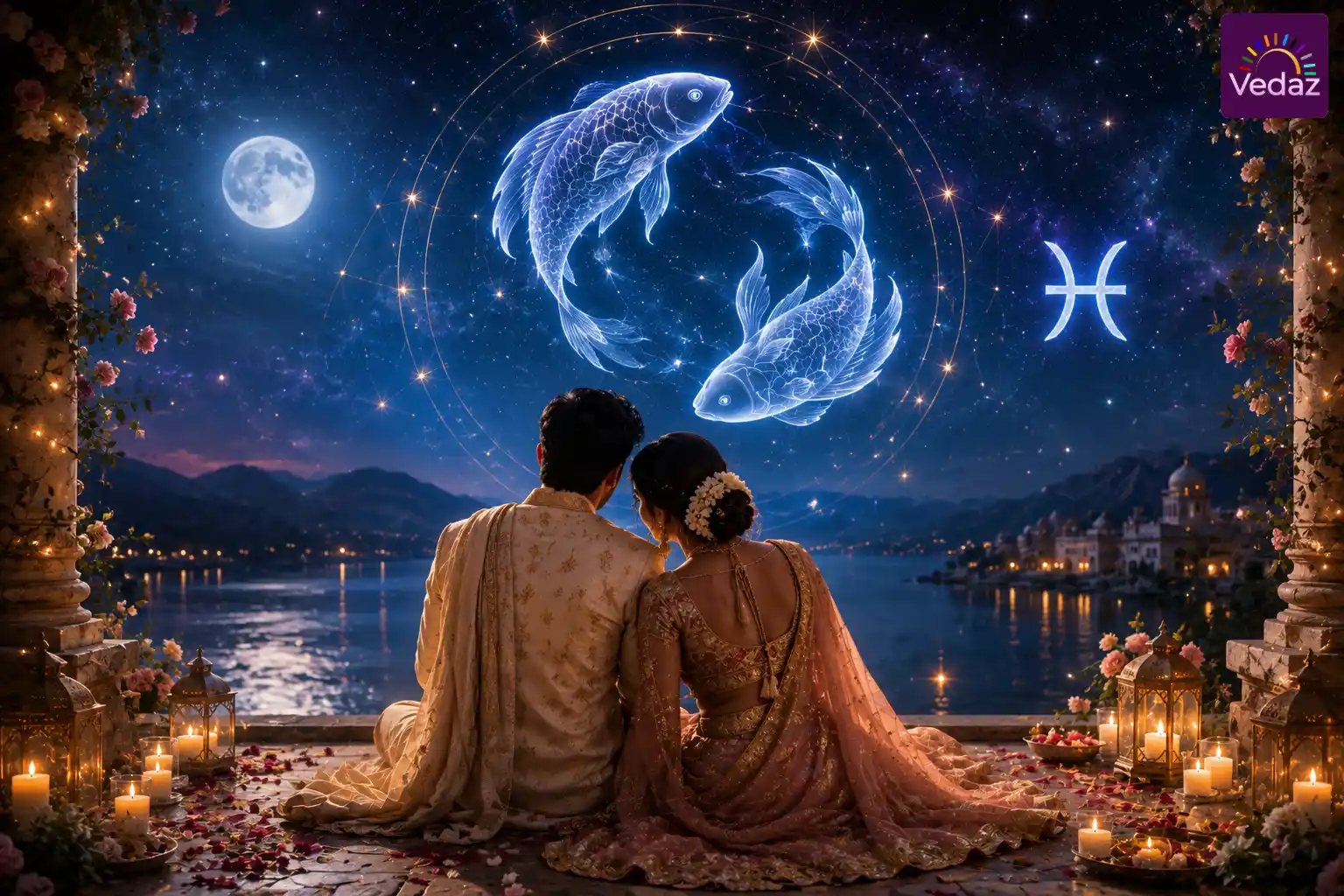 Wedding couple beneath glowing Pisces fish constellation
