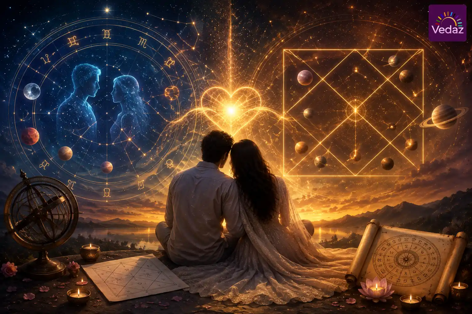 Couple between Western synastry and Vedic Kundli charts