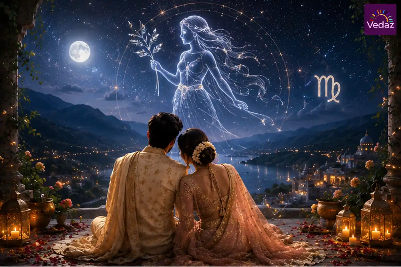Couple beneath glowing Virgo maiden under moonlight
