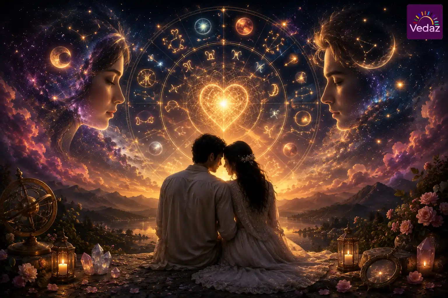 Couple beneath glowing composite zodiac chart and cosmic heart