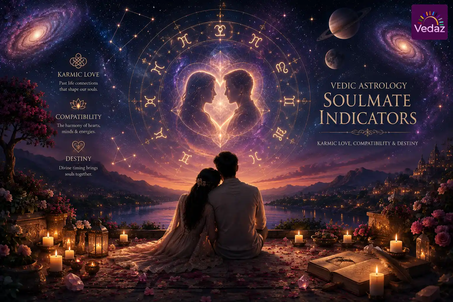 Couple beneath zodiac heart and cosmic soulmate symbols
