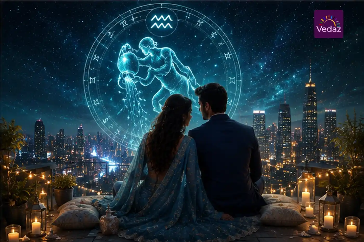 Couple overlooking city beneath glowing Aquarius water bearer