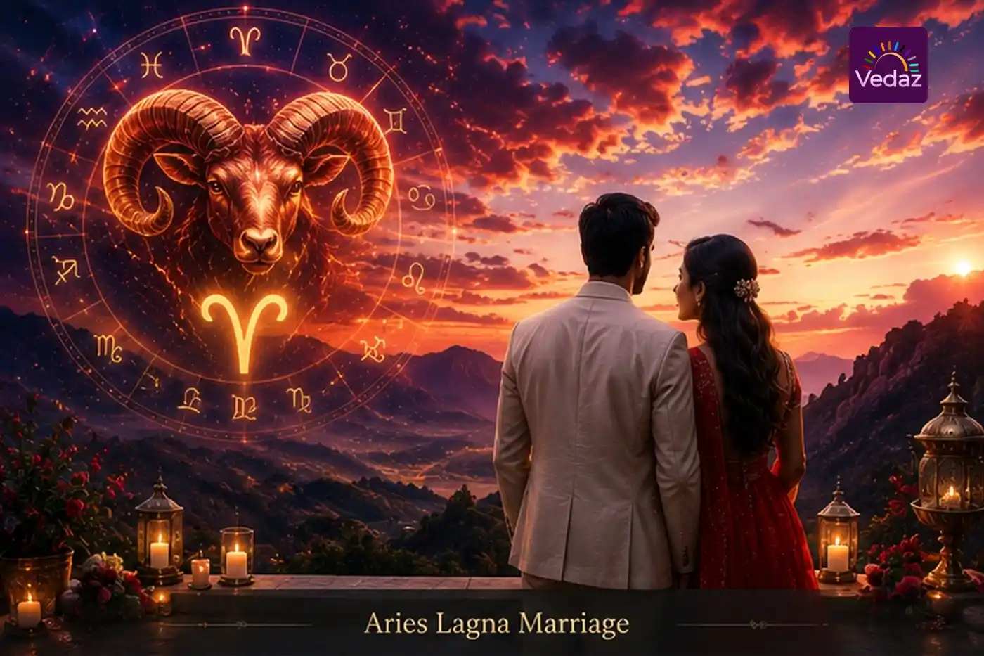 Couple overlooking mountains beneath glowing Aries ram