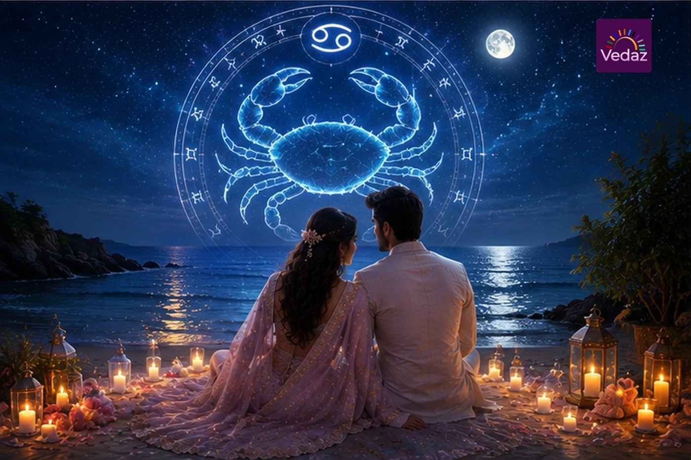 Couple beside moonlit sea beneath Cancer and Aquarius symbols