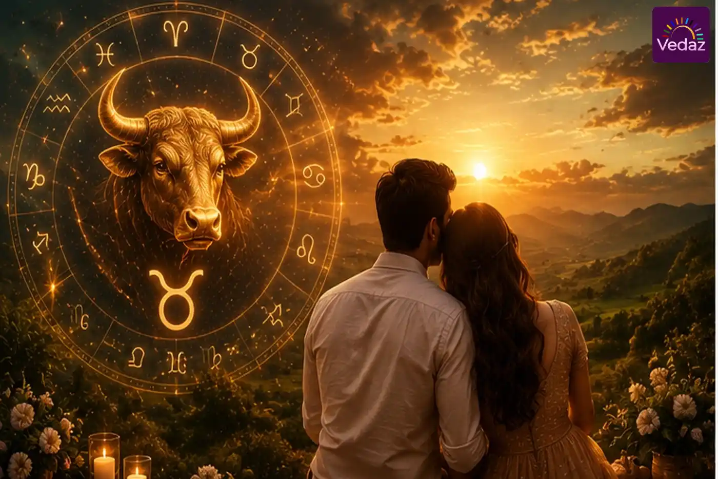 Couple surrounded by flowers beneath glowing Taurus bull
