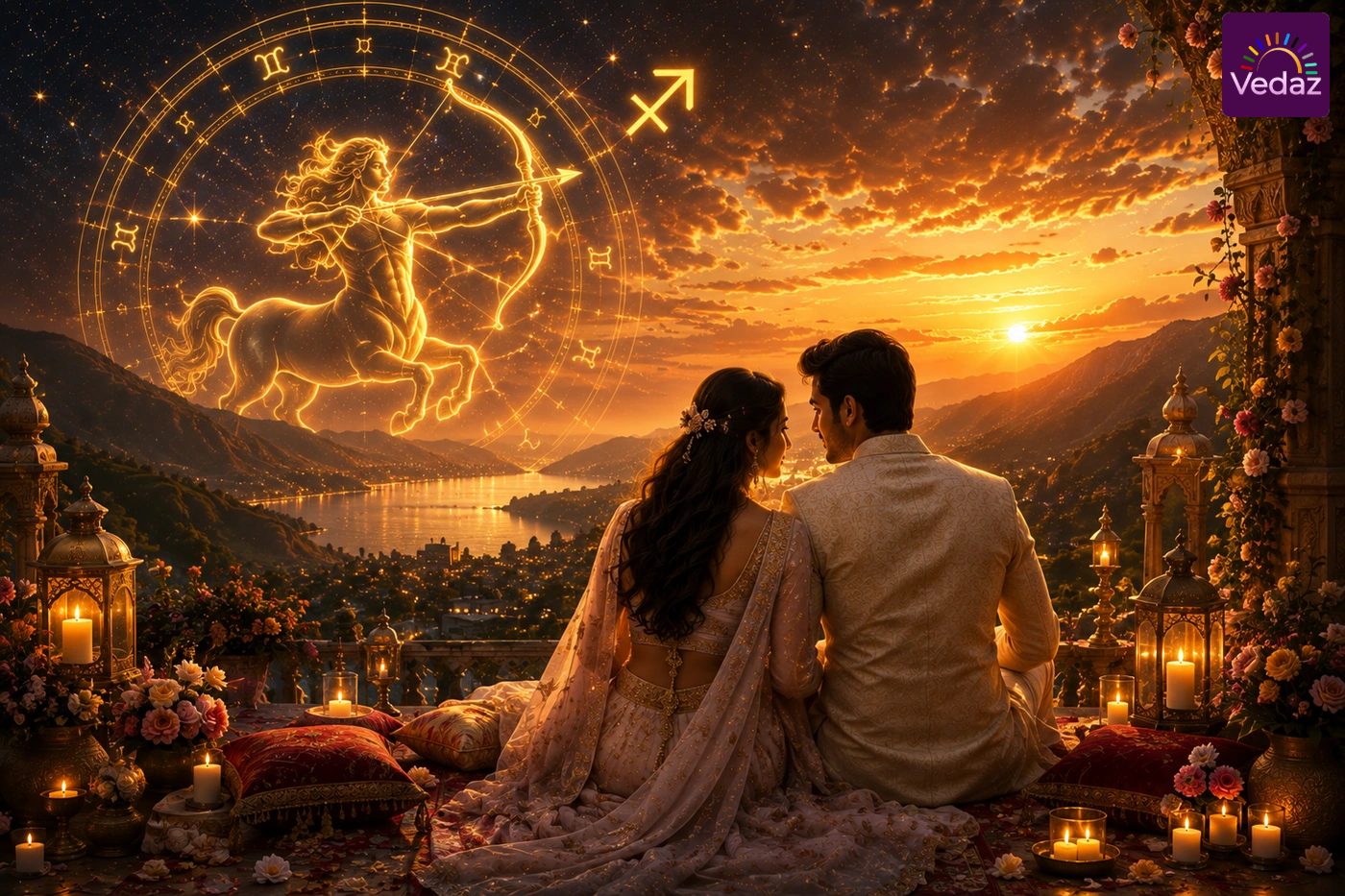 Couple watching sunset beneath glowing Sagittarius archer