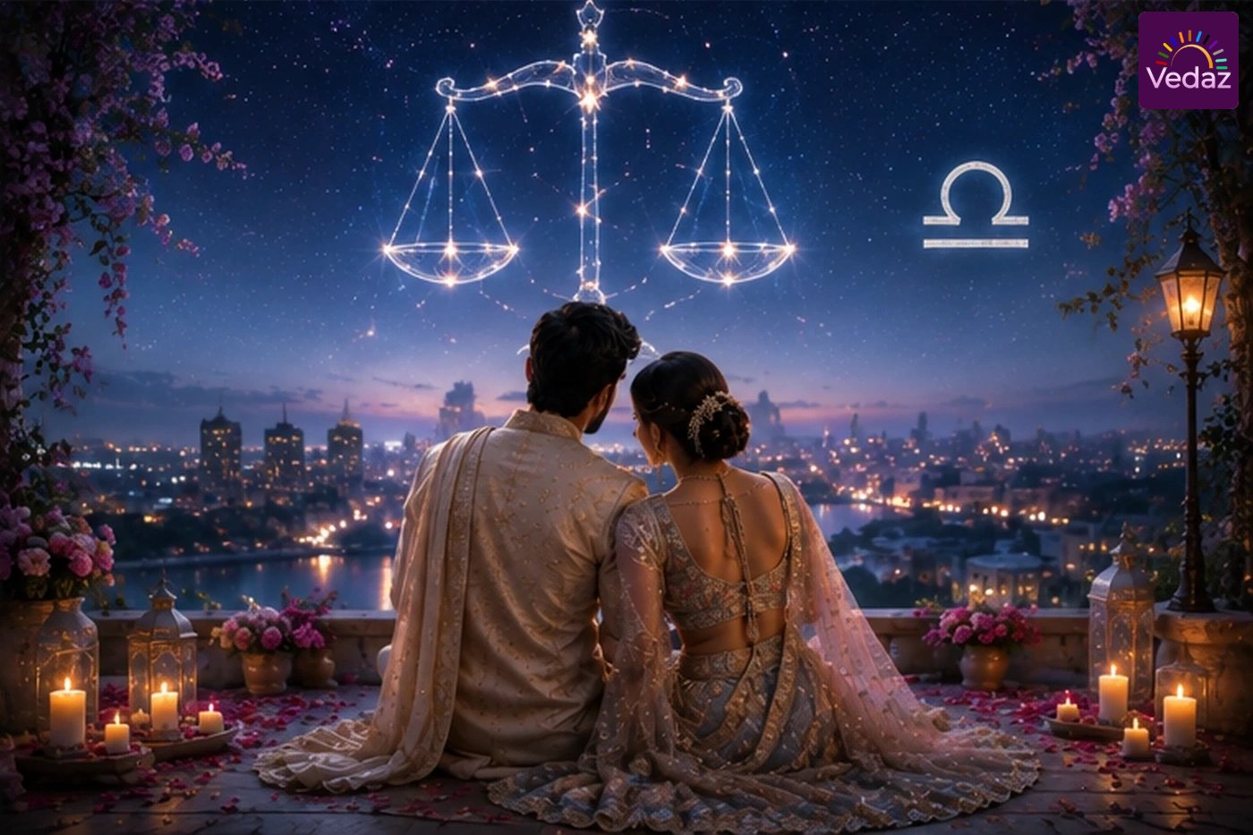 Couple overlooking city beneath glowing Libra scales