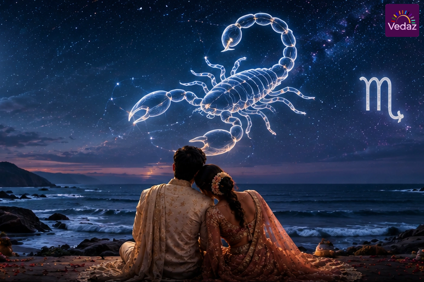 Couple watching moonlit sea beneath Scorpio constellation