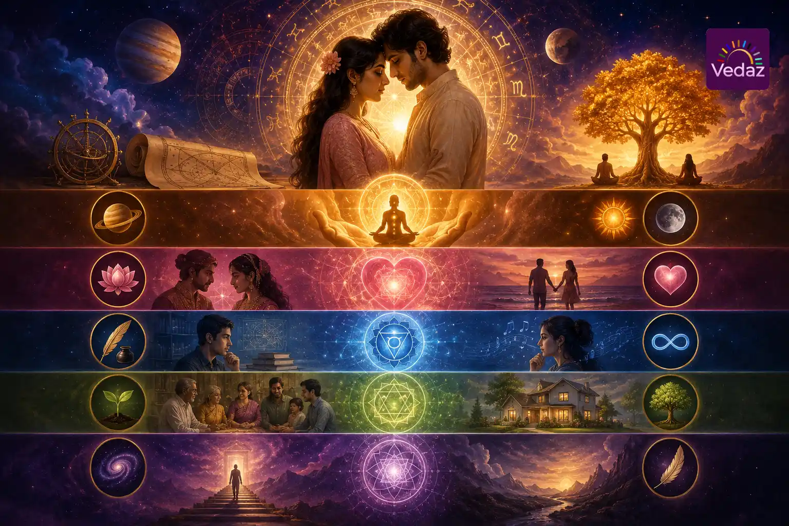 Couple beneath zodiac wheel with five symbolic layers of relationship compatibility