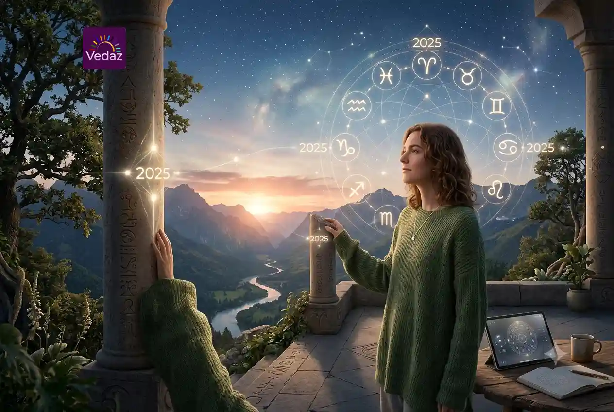 Woman gazing toward a glowing sunset and starry zodiac wheel from a high stone balcony.