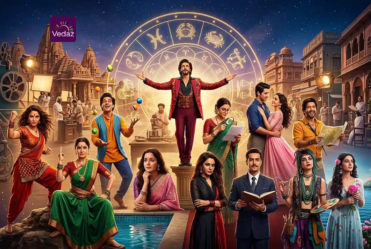 Dramatic group of Bollywood-style actors posed in traditional and modern attire under a zodiac wheel.