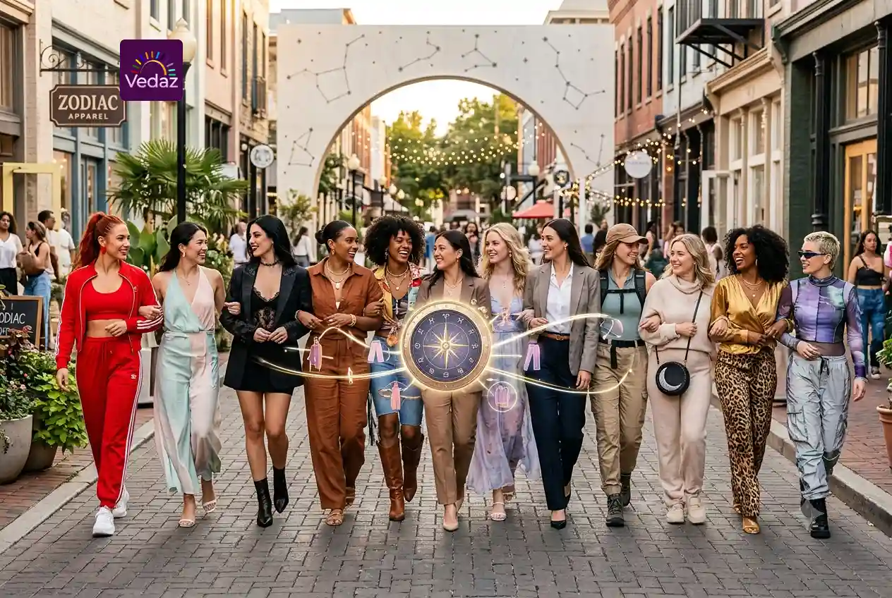 Group of stylish women wearing distinct zodiac-inspired outfits walking down a street.