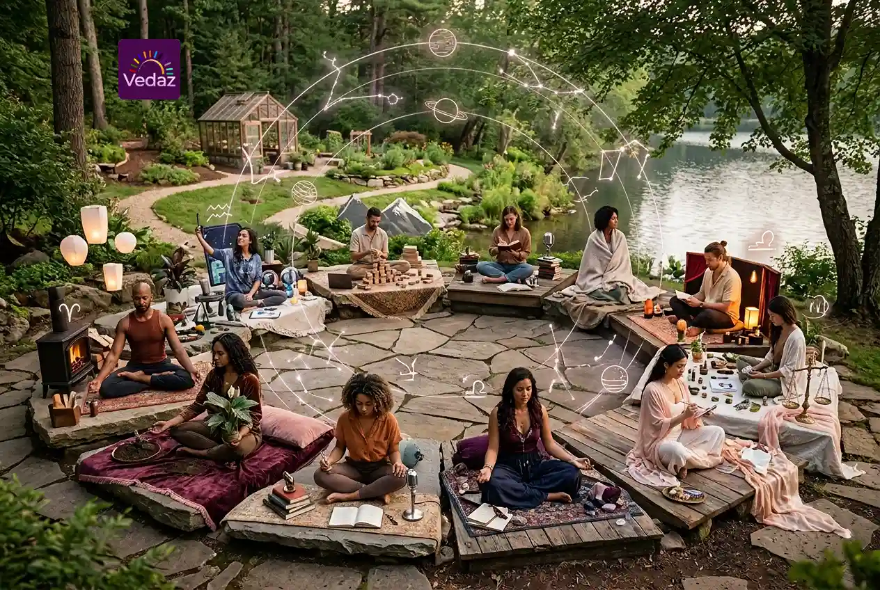 Group of people engaged in various self-care and meditation practices in a peaceful outdoor circle.