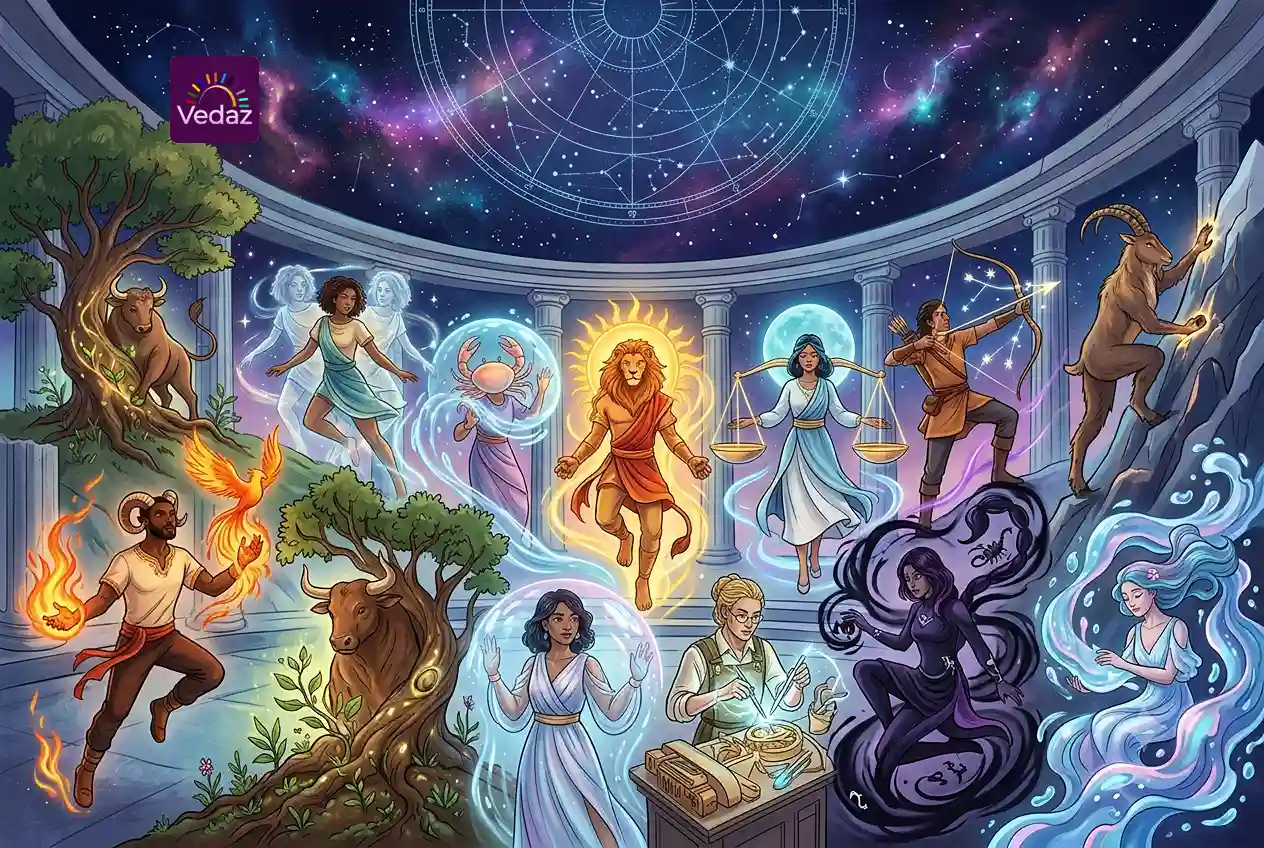 Illustrated fantasy scene featuring representatives of zodiac signs displaying elemental superpowers.