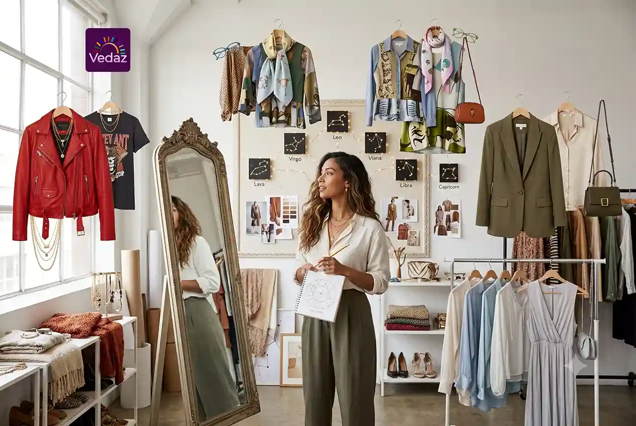 Woman in a fashion studio designing outfits paired with zodiac constellation mood boards.