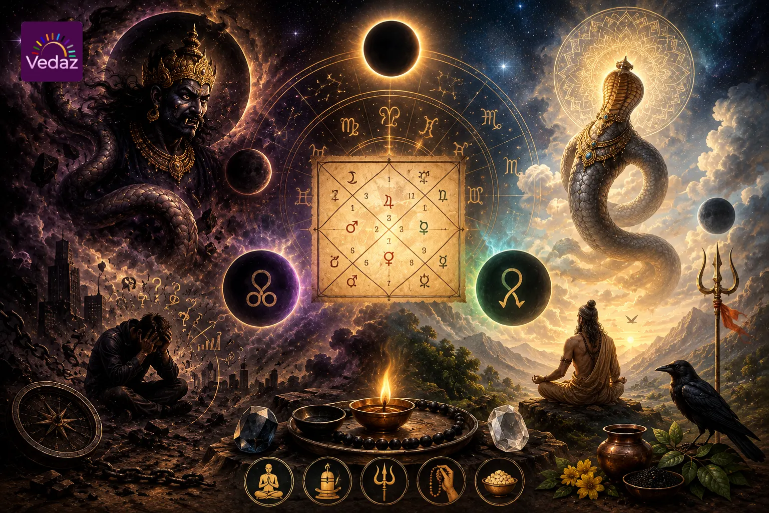 Rahu and Ketu represented through cosmic serpent symbolism, kundli and spiritual remedies