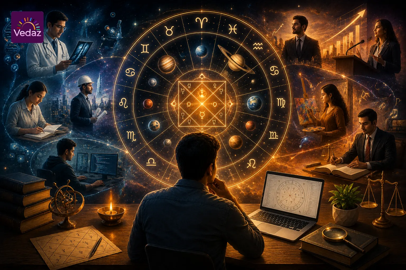 Birth chart surrounded by diverse career paths including medicine, technology, business, law and arts