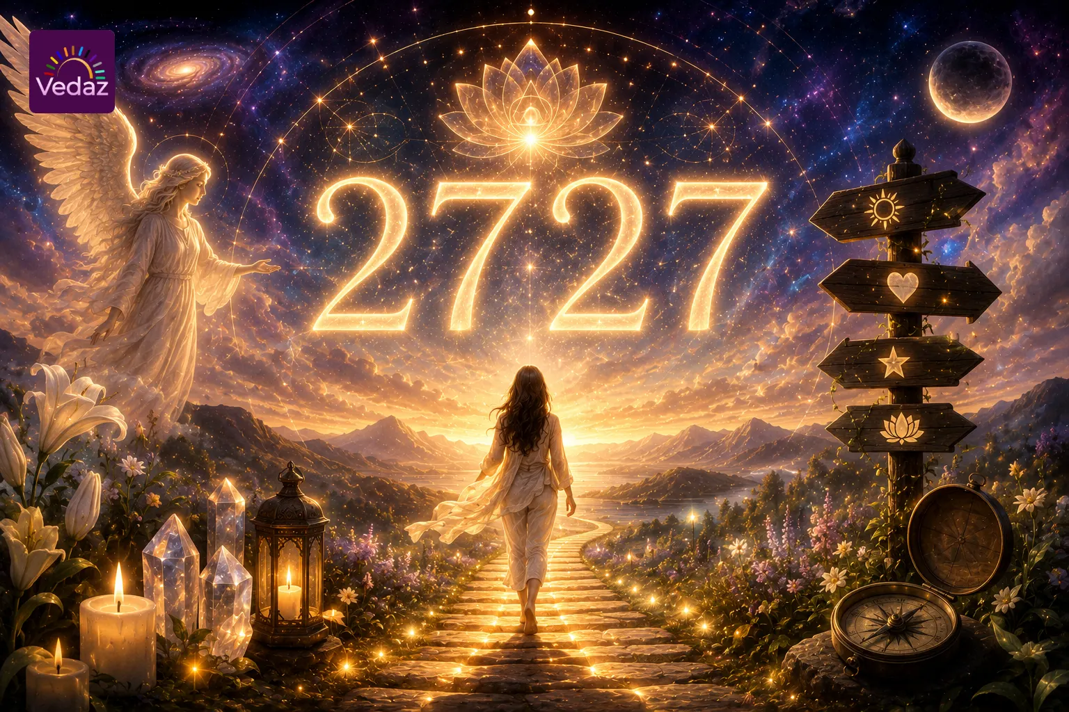 2727 angel number above a glowing path with angel, celestial symbols and spiritual guidance