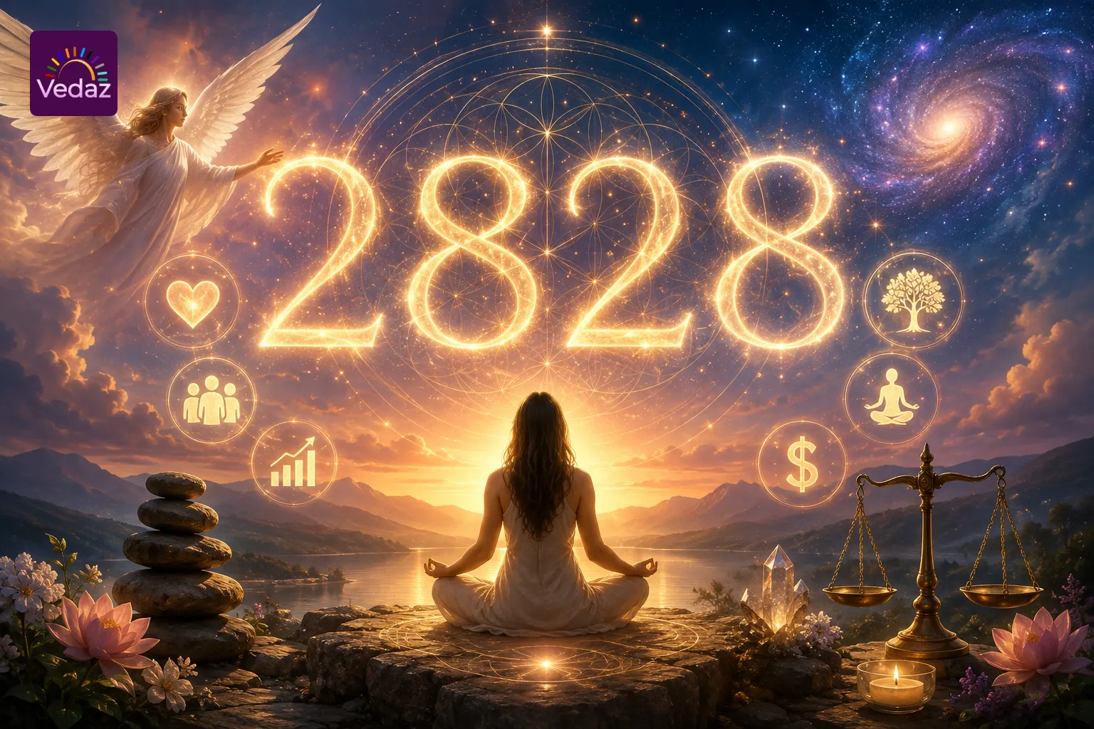 2828 angel number with meditation, cosmic balance, prosperity and spiritual harmony