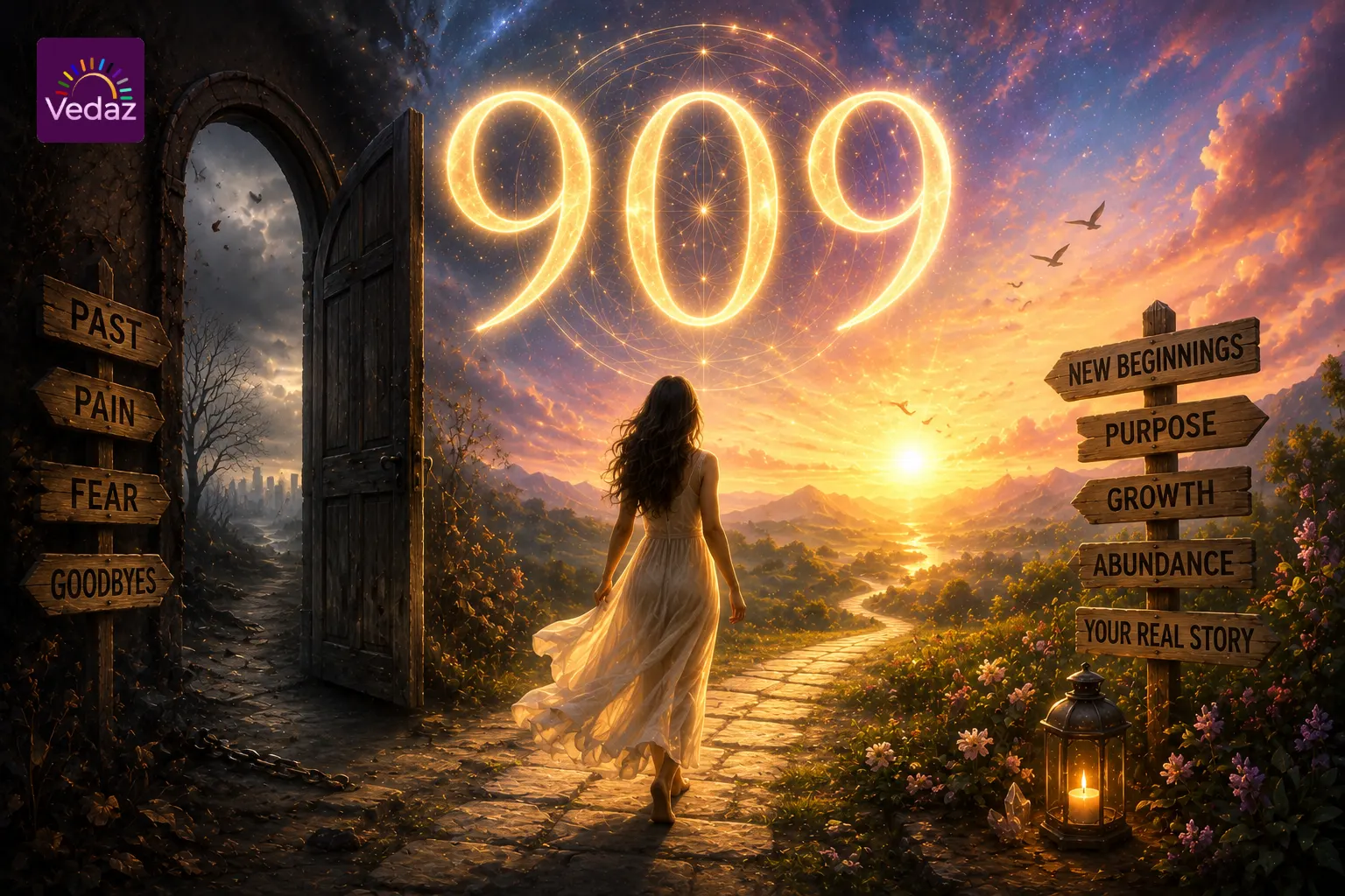 909 angel number above woman walking from darkness toward a radiant new beginning