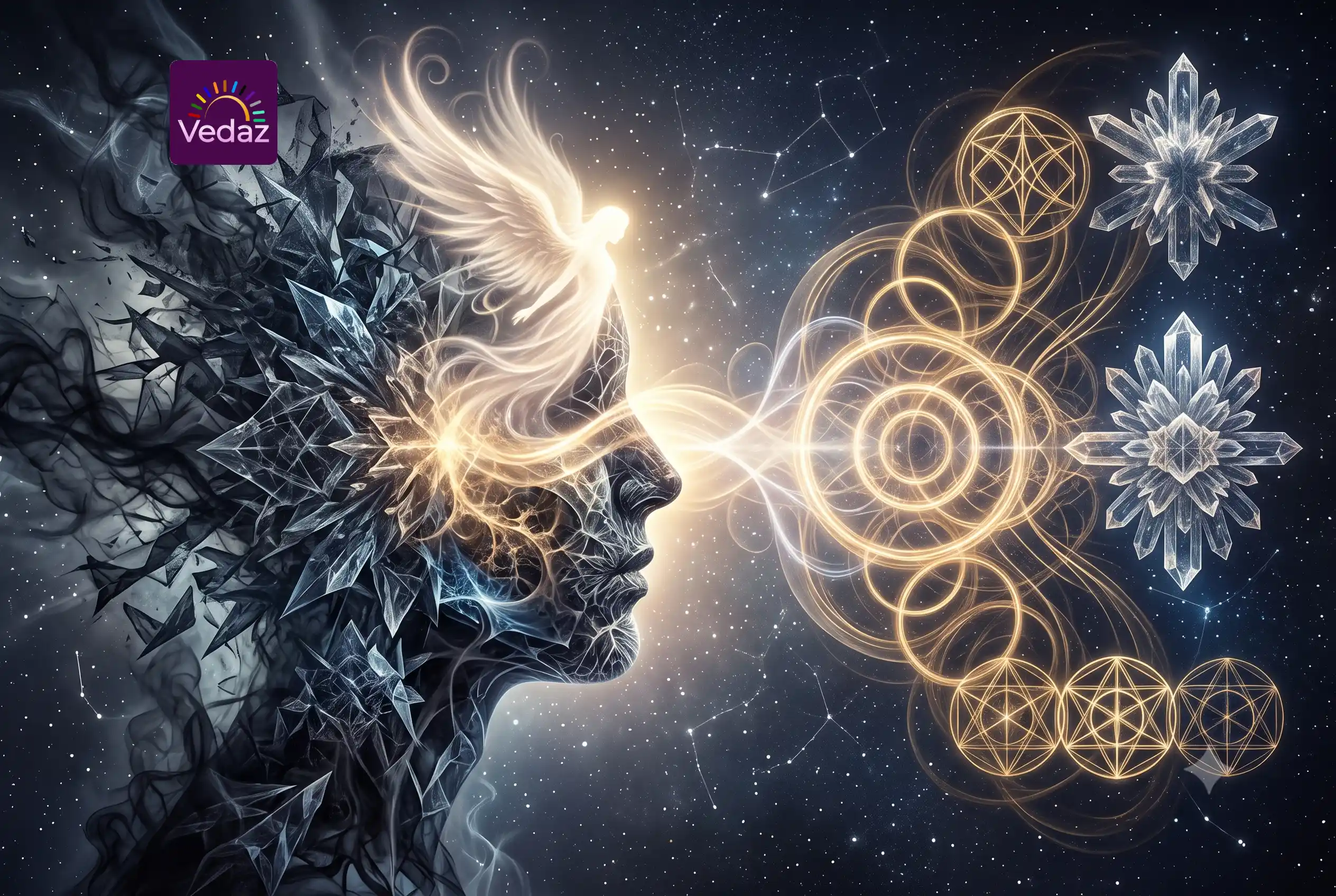 Abstract illustration of a fractured mind realigning into positive cosmic energy representing the 666 angel number.