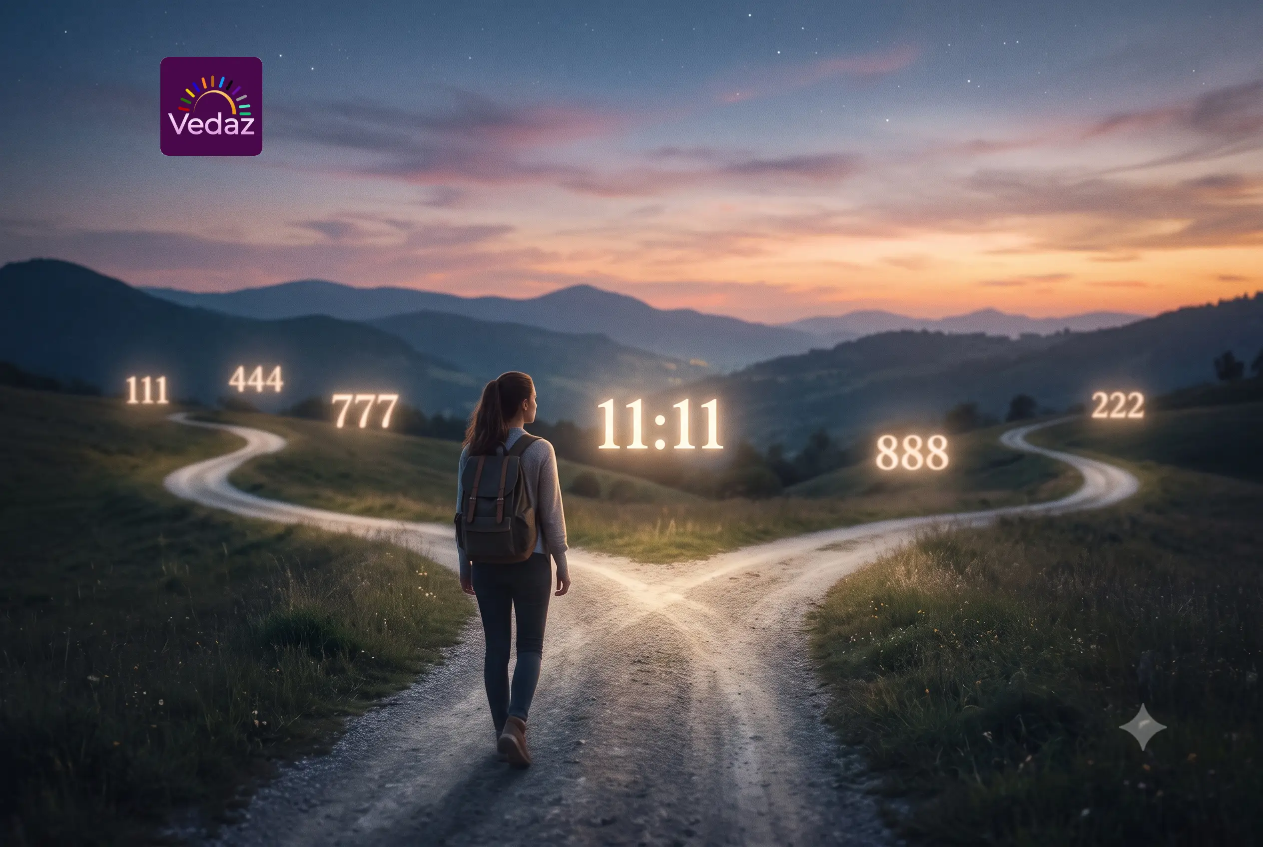 Woman walking on a nature path guided by glowing angel numbers like 111, 444, and 777 for life decisions.