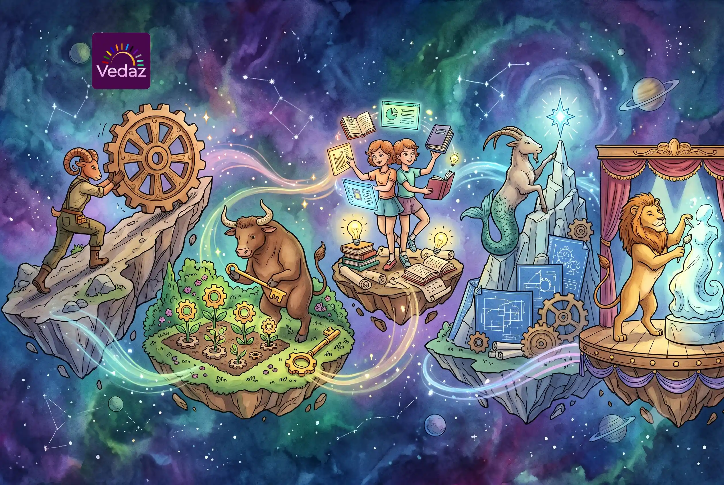 Zodiac signs like Taurus and Leo actively engaging in productive tasks, illustrating astrological motivation.