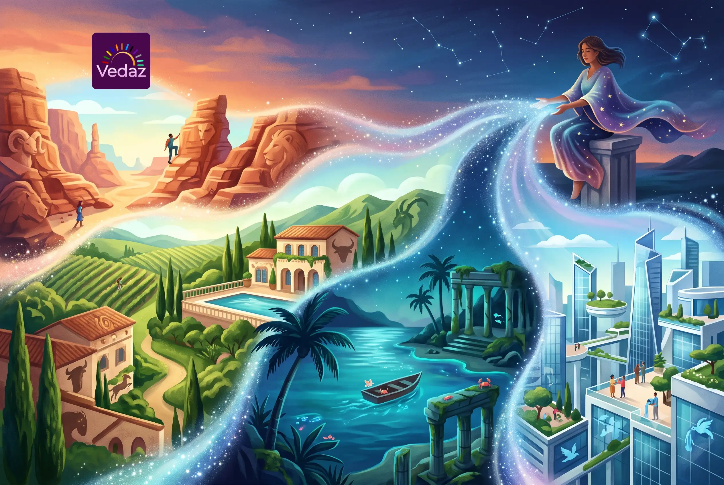 Cosmic woman casting magic over dream vacation destinations like mountains, beaches, and cities based on sun signs.