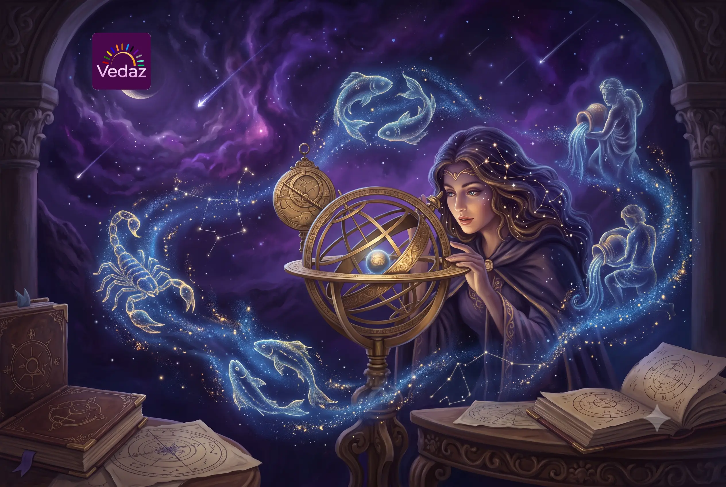 Mystical woman using an astrolabe surrounded by glowing constellations and mysterious water zodiac signs.
