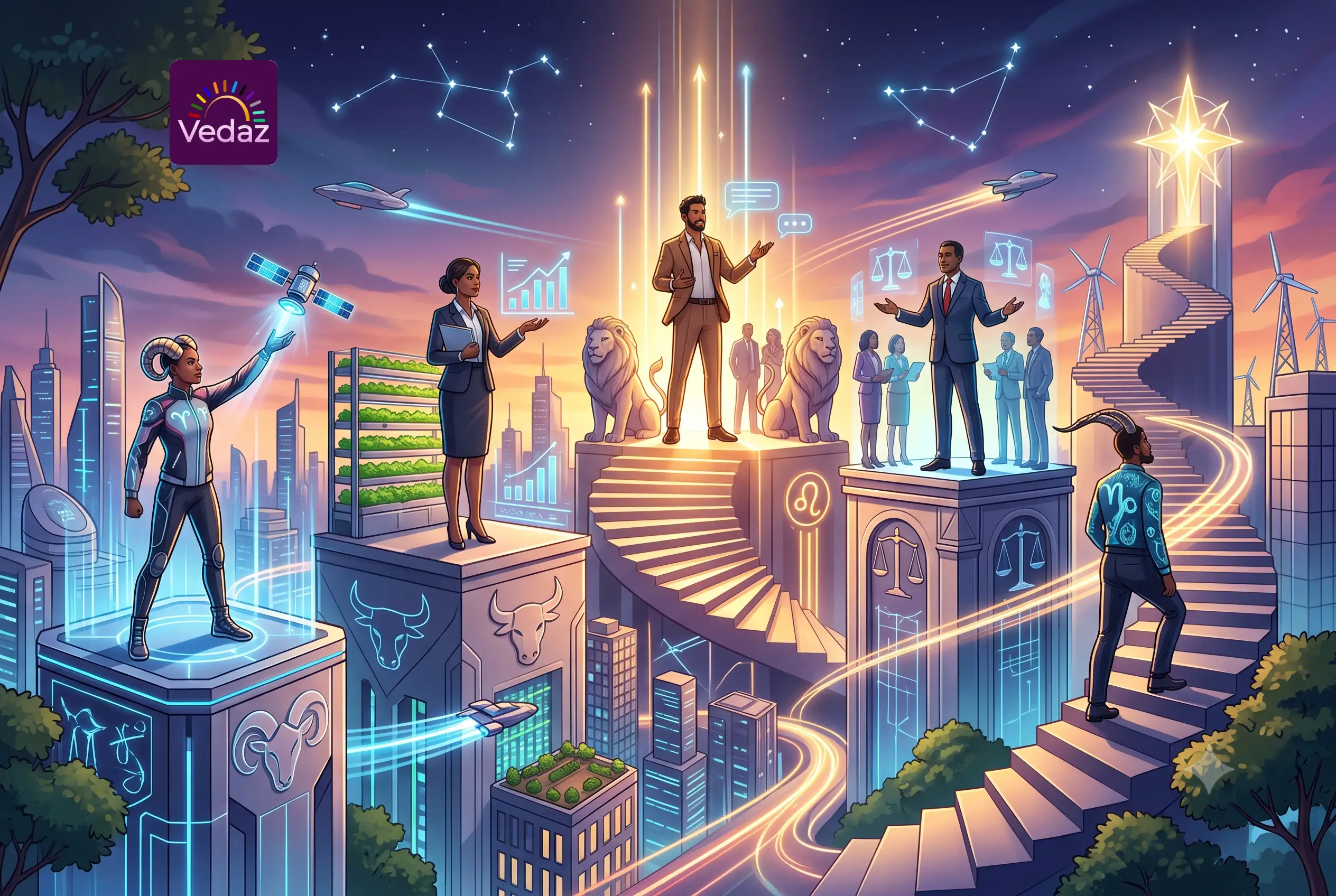 Zodiac symbols climbing a magical, spiraling astrological tower toward a glowing star of success.