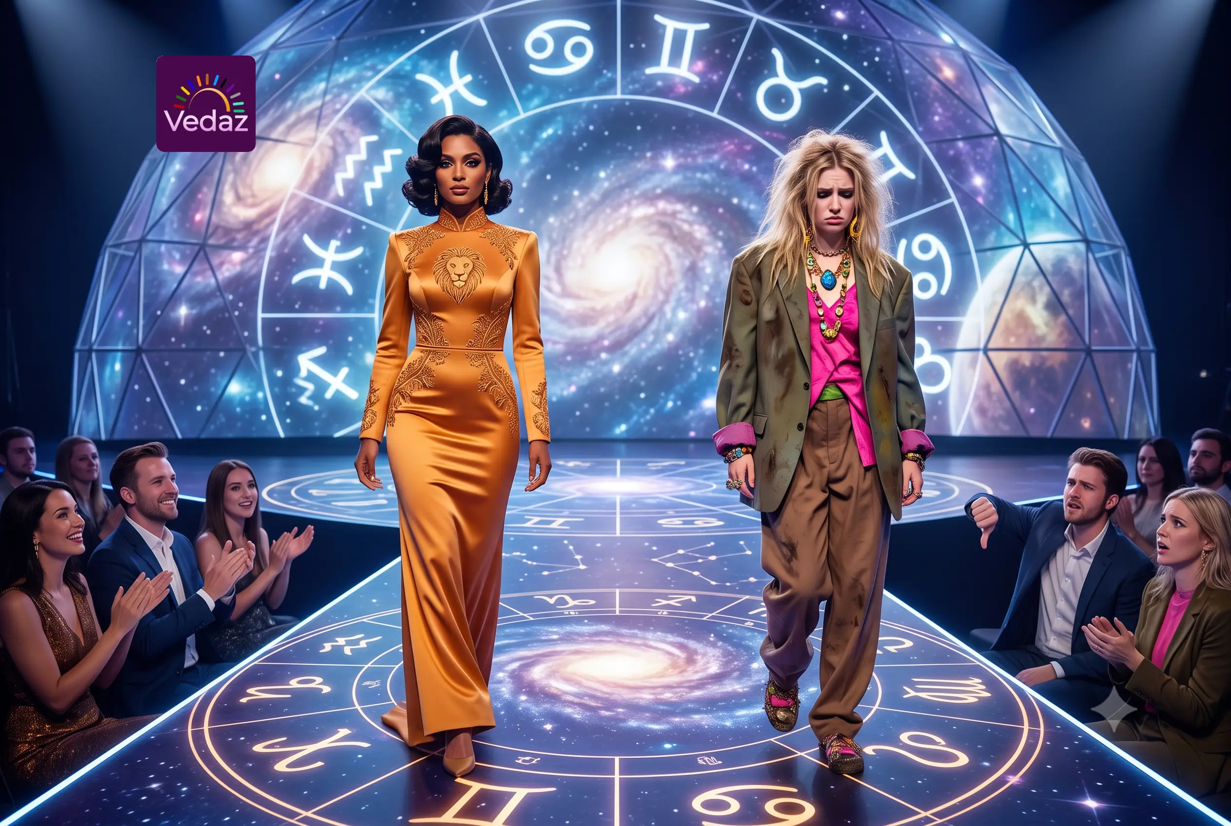Astrology fashion runway showing a stylish model receiving applause next to a poorly dressed model getting thumbs down.