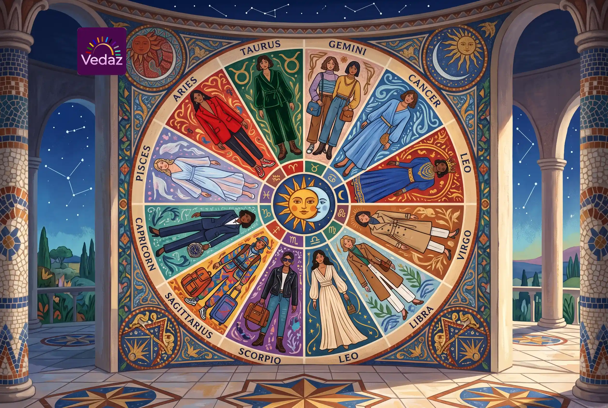 Circular zodiac wheel featuring diverse women modeling fashion essentials and must-have clothing pieces for each sign.
