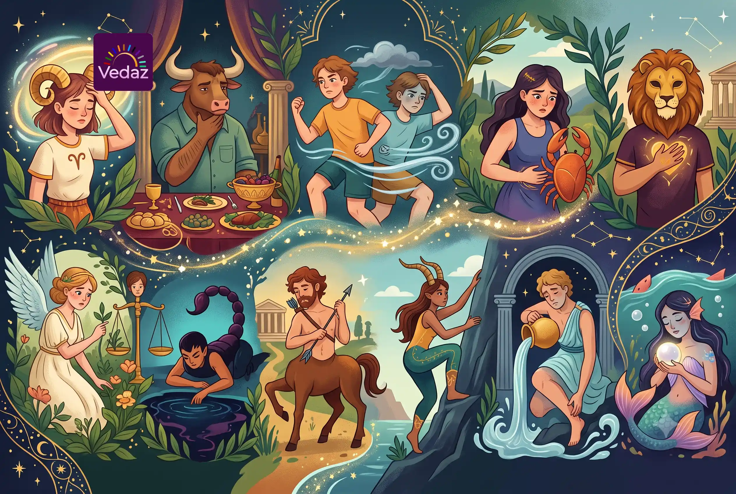 Artistic illustration of different zodiac signs experiencing their specific astrological health weaknesses and symptoms.