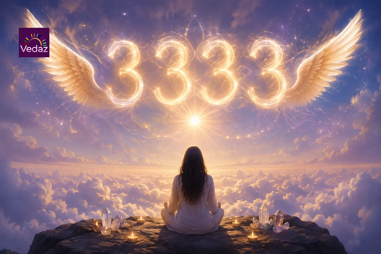 Woman sits beneath glowing 3333 with wings and candles