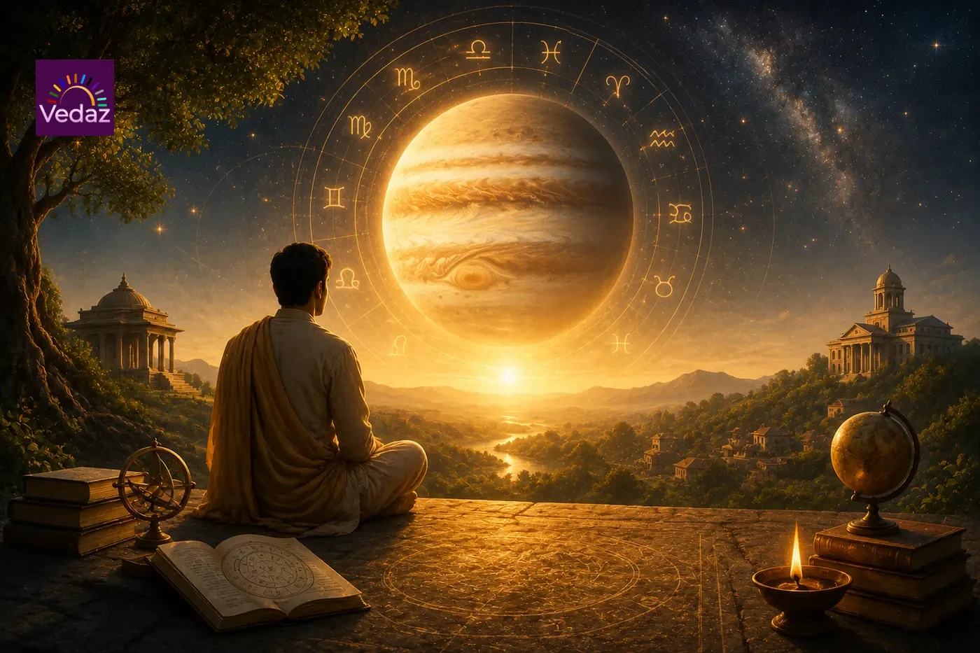 Seated figure faces giant planet above valley and temples