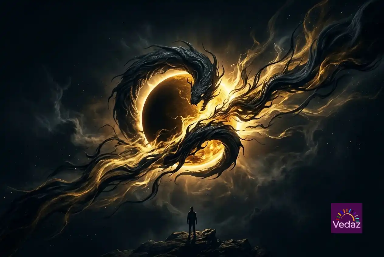 A glowing sun and a dark, swirling entity are visible during a dramatic cosmic eclipse