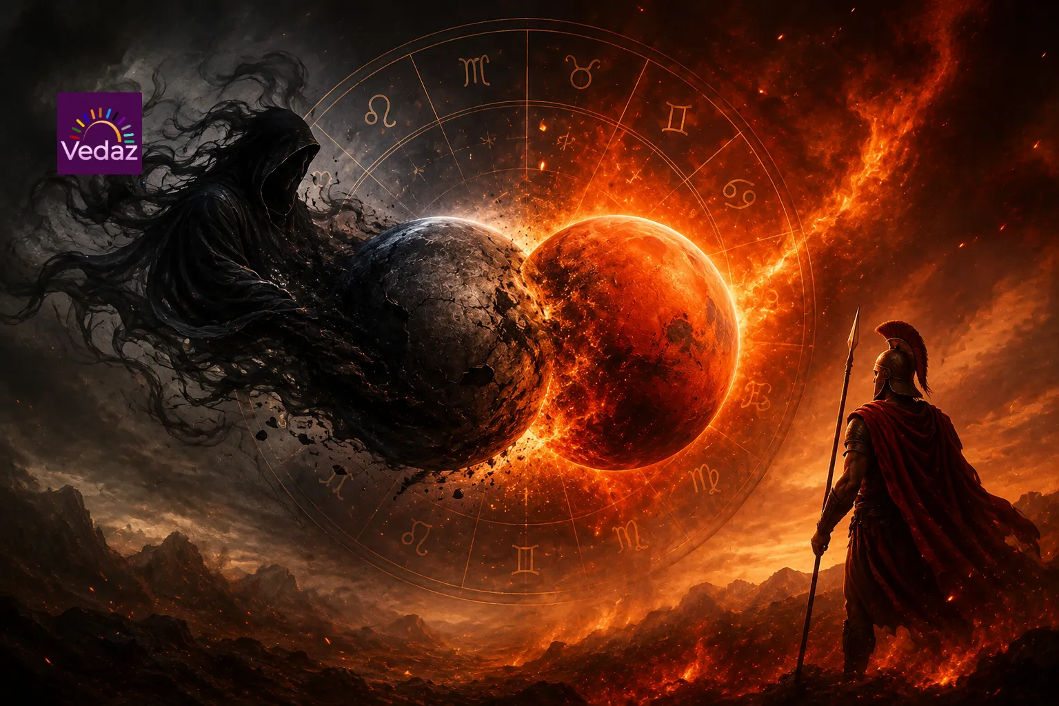 Dark planet collides with red planet as warrior watches