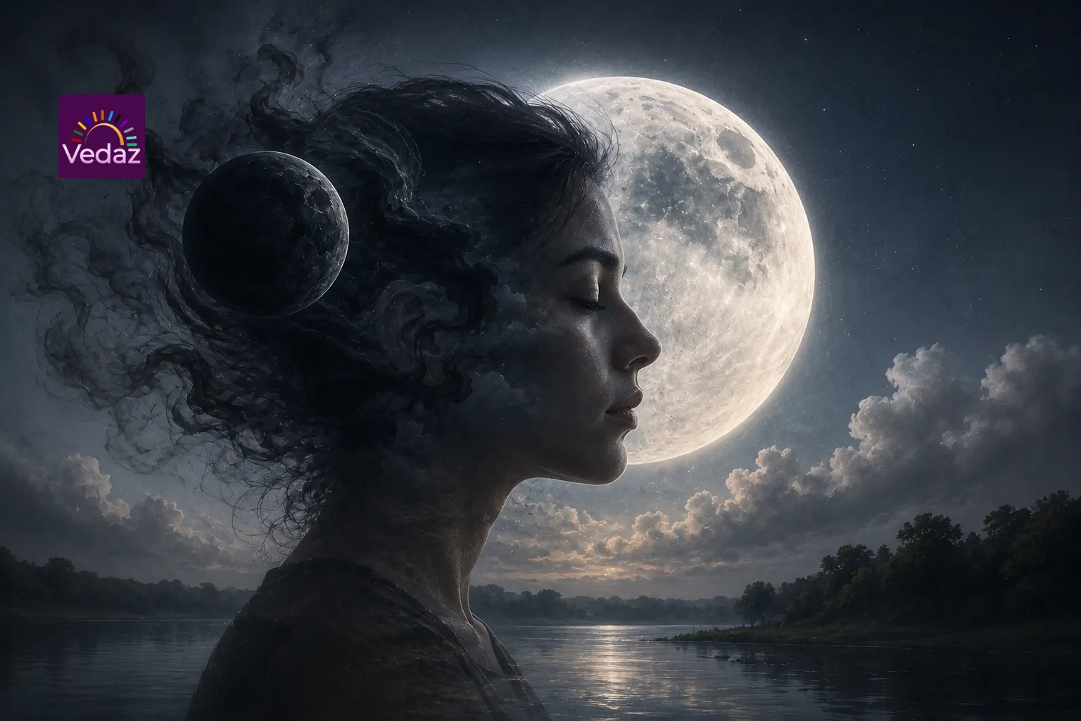 Woman’s profile beside dark orb and full moon over lake