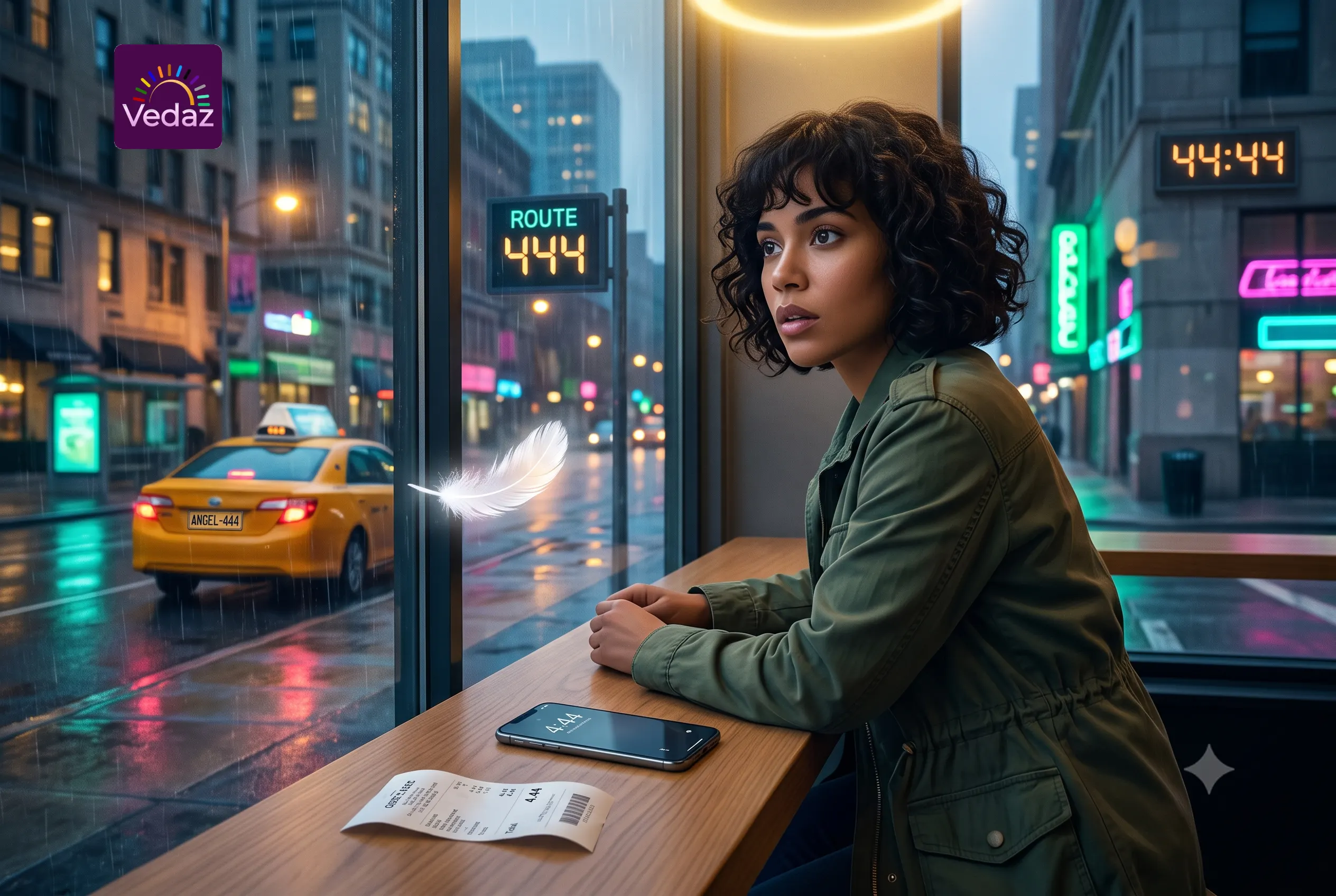 A woman in a moody cafe looking out the window at the number 444 on a digital bus sign and a taxi license plate, with a glowing white feather floating nearby.